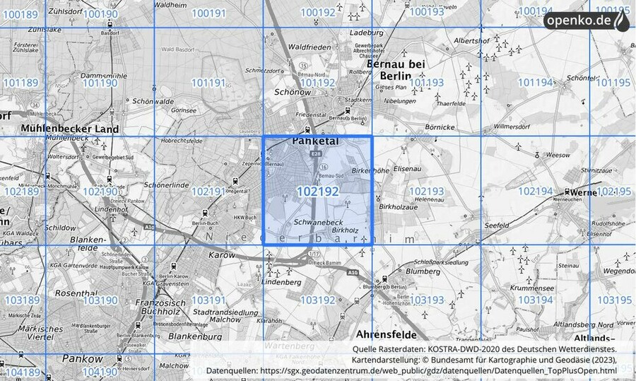 Übersichtskarte des KOSTRA-DWD-2020-Rasterfeldes Nr. 102192