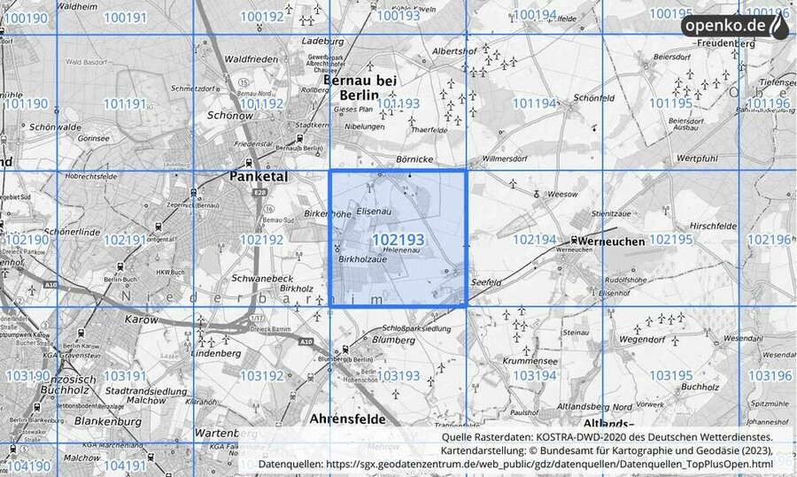 Übersichtskarte des KOSTRA-DWD-2020-Rasterfeldes Nr. 102193