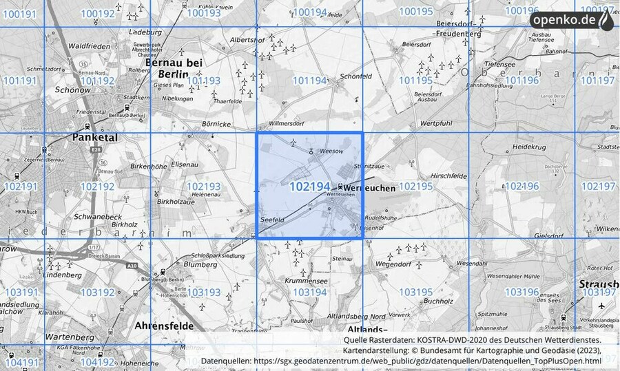 Übersichtskarte des KOSTRA-DWD-2020-Rasterfeldes Nr. 102194