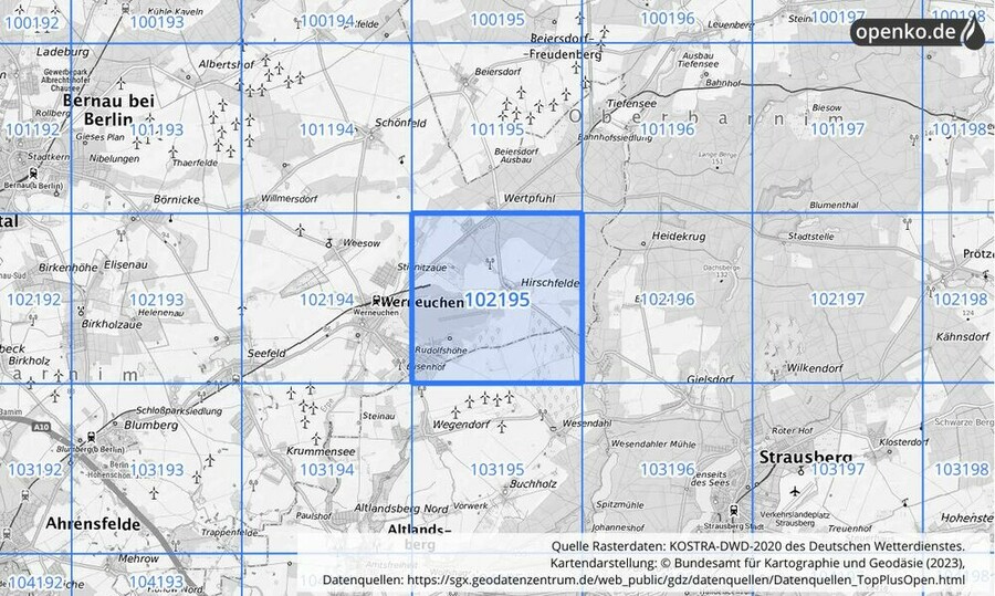 Übersichtskarte des KOSTRA-DWD-2020-Rasterfeldes Nr. 102195