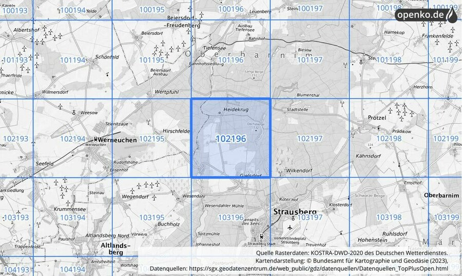 Übersichtskarte des KOSTRA-DWD-2020-Rasterfeldes Nr. 102196