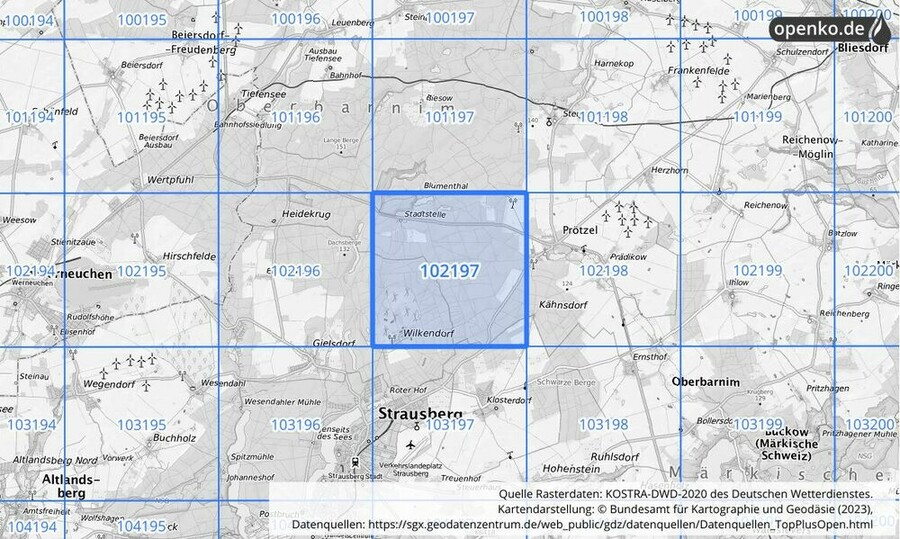 Übersichtskarte des KOSTRA-DWD-2020-Rasterfeldes Nr. 102197