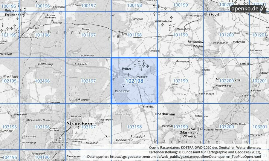 Übersichtskarte des KOSTRA-DWD-2020-Rasterfeldes Nr. 102198