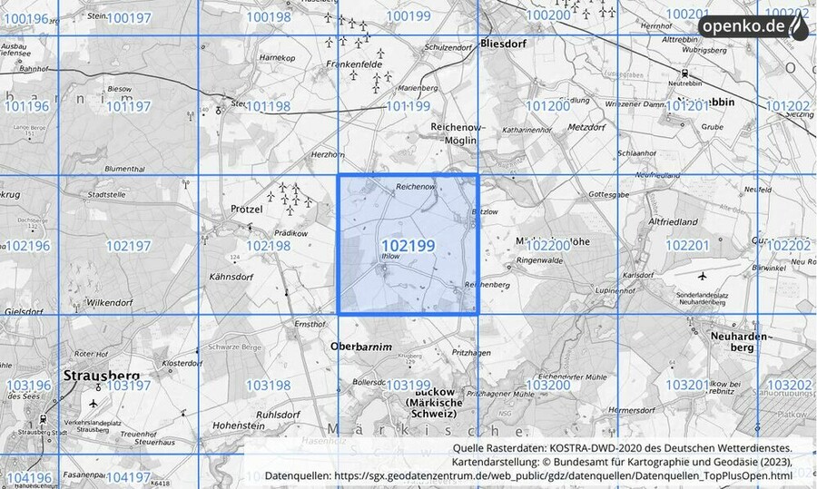 Übersichtskarte des KOSTRA-DWD-2020-Rasterfeldes Nr. 102199