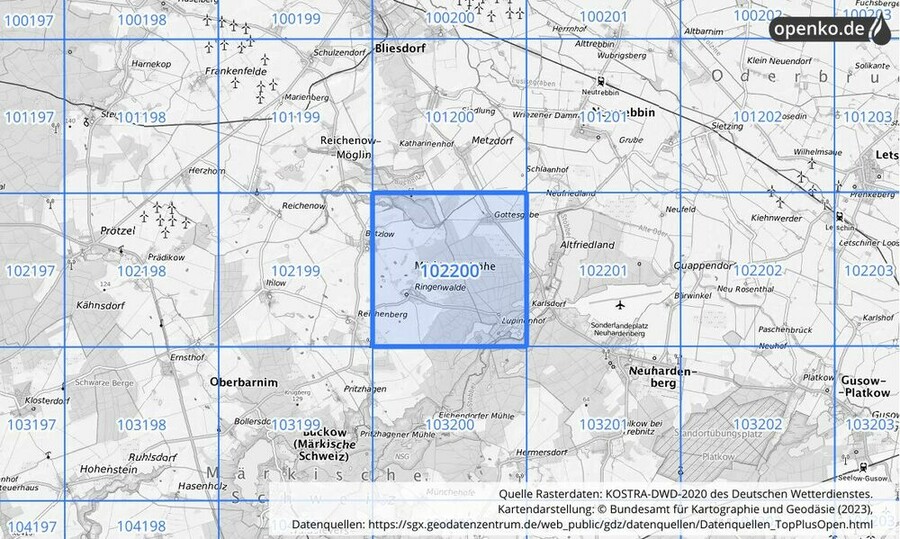 Übersichtskarte des KOSTRA-DWD-2020-Rasterfeldes Nr. 102200