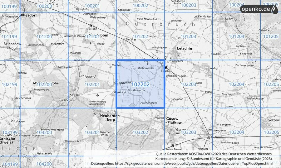 Übersichtskarte des KOSTRA-DWD-2020-Rasterfeldes Nr. 102202