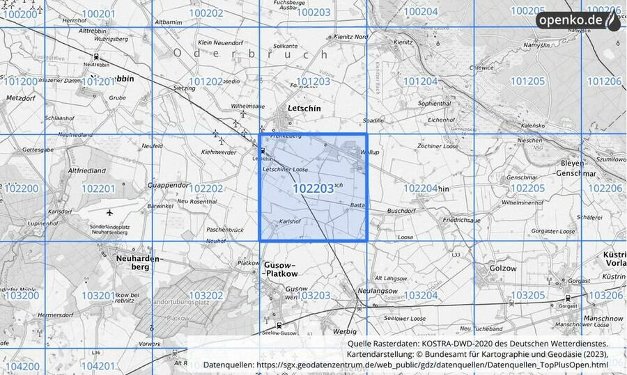Übersichtskarte des KOSTRA-DWD-2020-Rasterfeldes Nr. 102203