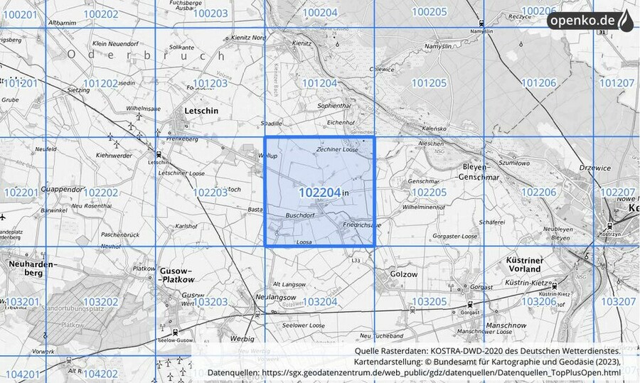 Übersichtskarte des KOSTRA-DWD-2020-Rasterfeldes Nr. 102204