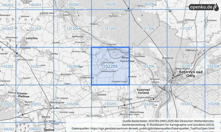 Übersichtskarte des KOSTRA-DWD-2020-Rasterfeldes Nr. 102205