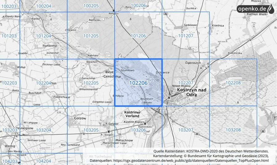 Übersichtskarte des KOSTRA-DWD-2020-Rasterfeldes Nr. 102206