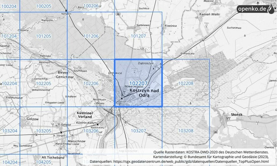 Übersichtskarte des KOSTRA-DWD-2020-Rasterfeldes Nr. 102207