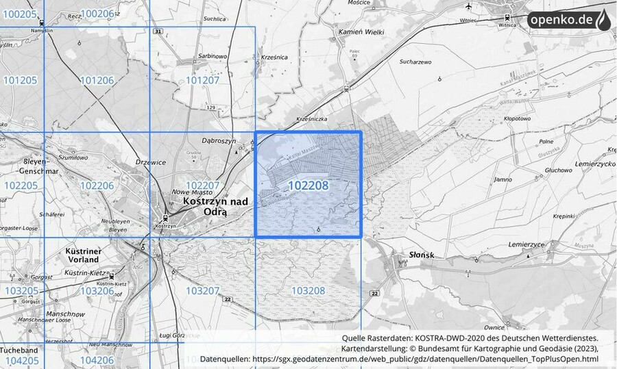 Übersichtskarte des KOSTRA-DWD-2020-Rasterfeldes Nr. 102208