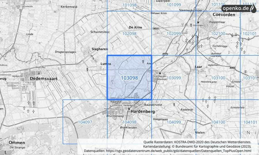 Übersichtskarte des KOSTRA-DWD-2020-Rasterfeldes Nr. 103098