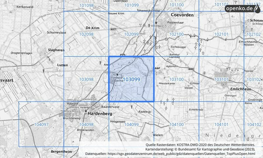 Übersichtskarte des KOSTRA-DWD-2020-Rasterfeldes Nr. 103099