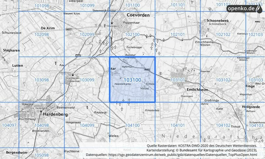 Übersichtskarte des KOSTRA-DWD-2020-Rasterfeldes Nr. 103100