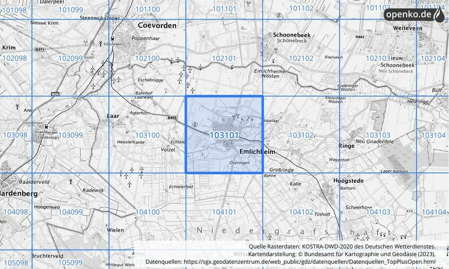 Übersichtskarte des KOSTRA-DWD-2020-Rasterfeldes Nr. 103101