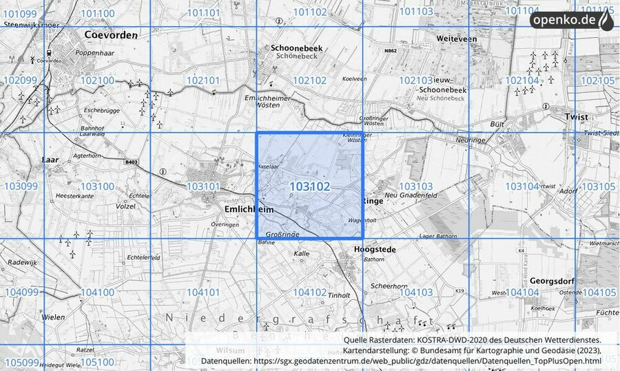 Übersichtskarte des KOSTRA-DWD-2020-Rasterfeldes Nr. 103102