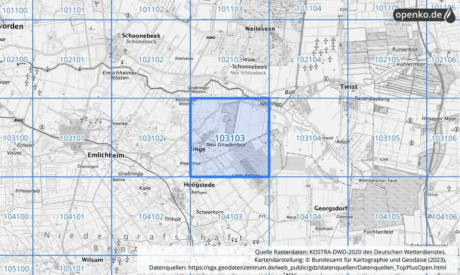 Übersichtskarte des KOSTRA-DWD-2020-Rasterfeldes Nr. 103103