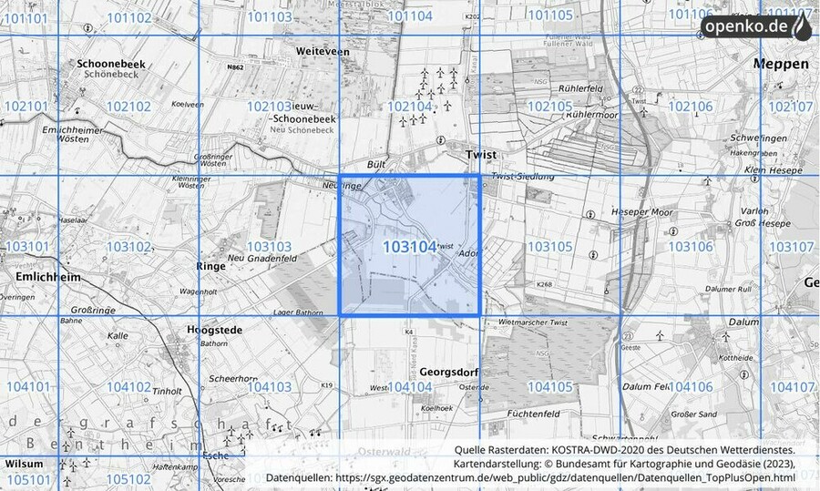 Übersichtskarte des KOSTRA-DWD-2020-Rasterfeldes Nr. 103104