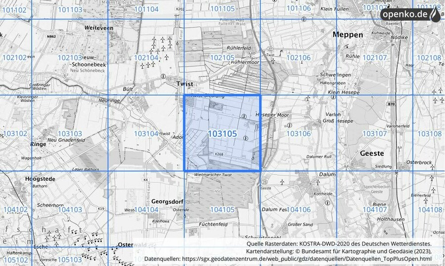 Übersichtskarte des KOSTRA-DWD-2020-Rasterfeldes Nr. 103105