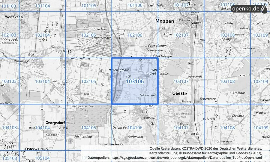 Übersichtskarte des KOSTRA-DWD-2020-Rasterfeldes Nr. 103106