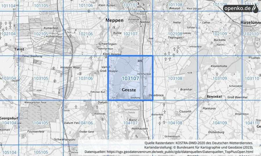 Übersichtskarte des KOSTRA-DWD-2020-Rasterfeldes Nr. 103107