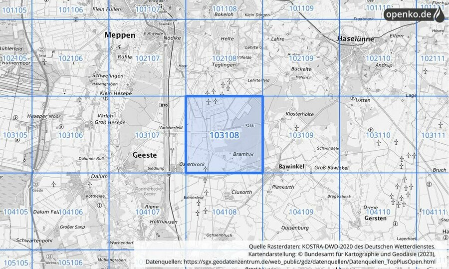 Übersichtskarte des KOSTRA-DWD-2020-Rasterfeldes Nr. 103108