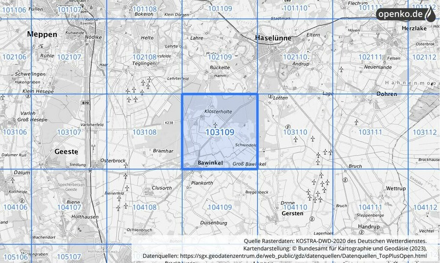 Übersichtskarte des KOSTRA-DWD-2020-Rasterfeldes Nr. 103109
