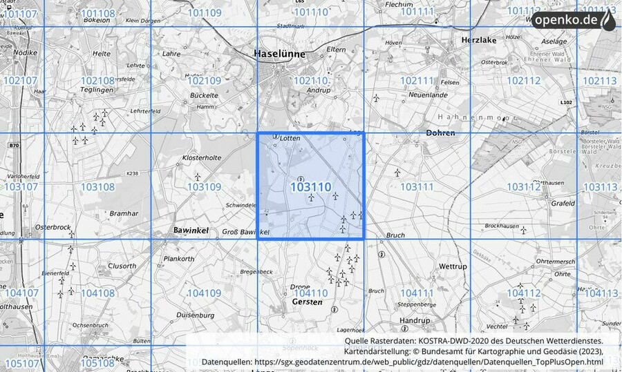 Übersichtskarte des KOSTRA-DWD-2020-Rasterfeldes Nr. 103110