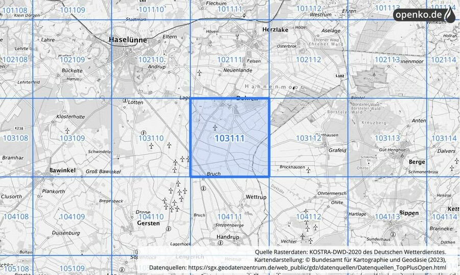 Übersichtskarte des KOSTRA-DWD-2020-Rasterfeldes Nr. 103111