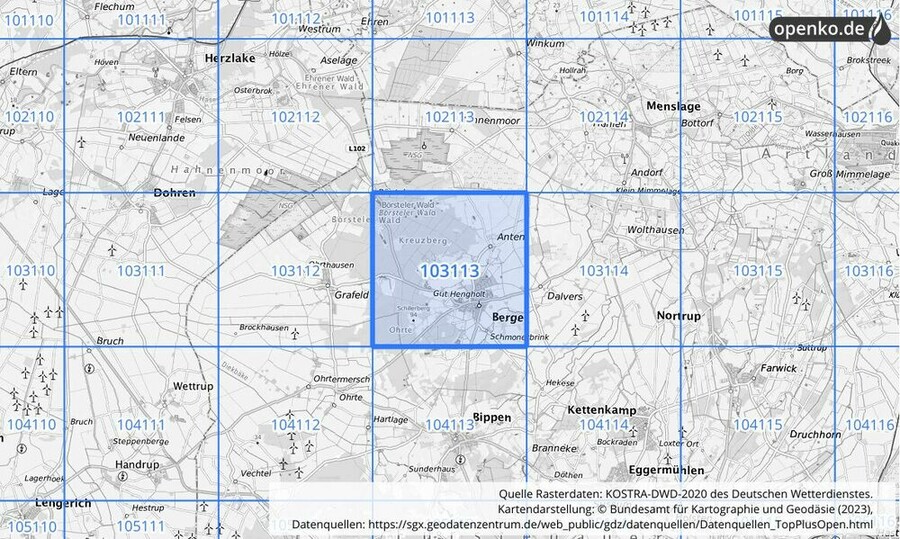 Übersichtskarte des KOSTRA-DWD-2020-Rasterfeldes Nr. 103113