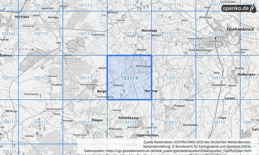 Übersichtskarte des KOSTRA-DWD-2020-Rasterfeldes Nr. 103114