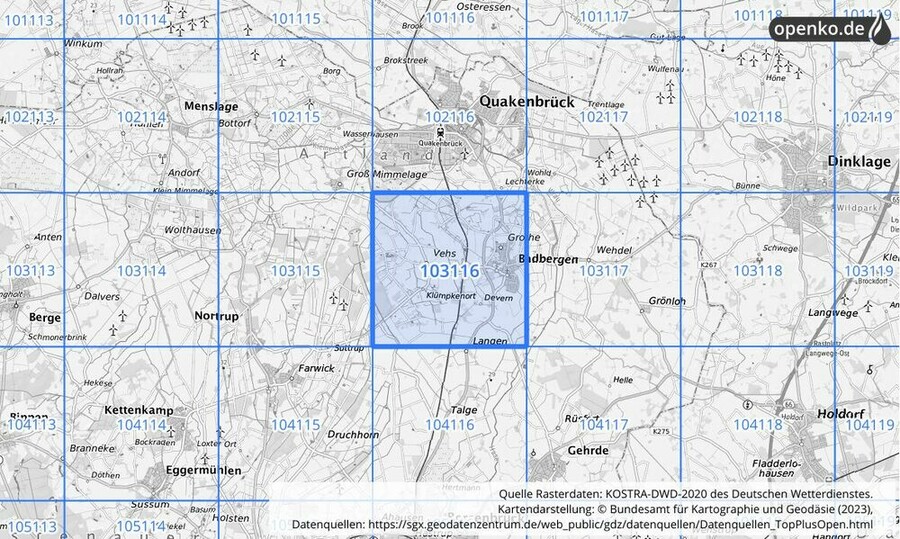 Übersichtskarte des KOSTRA-DWD-2020-Rasterfeldes Nr. 103116