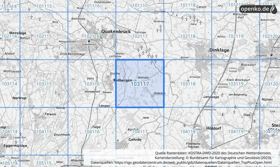 Übersichtskarte des KOSTRA-DWD-2020-Rasterfeldes Nr. 103117