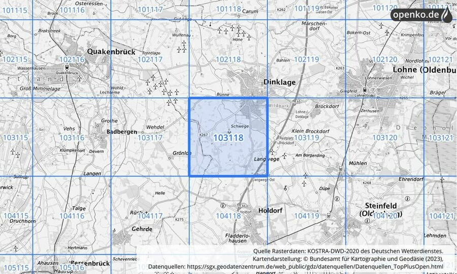 Übersichtskarte des KOSTRA-DWD-2020-Rasterfeldes Nr. 103118