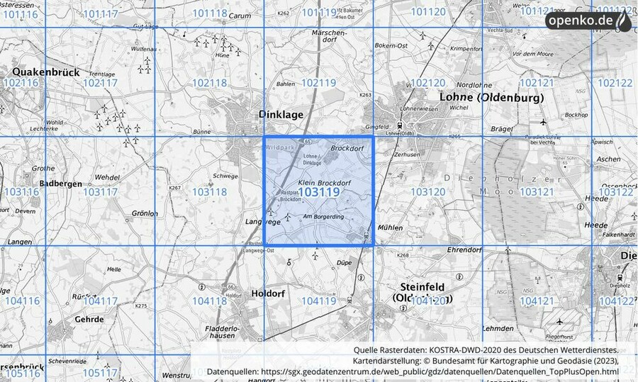 Übersichtskarte des KOSTRA-DWD-2020-Rasterfeldes Nr. 103119