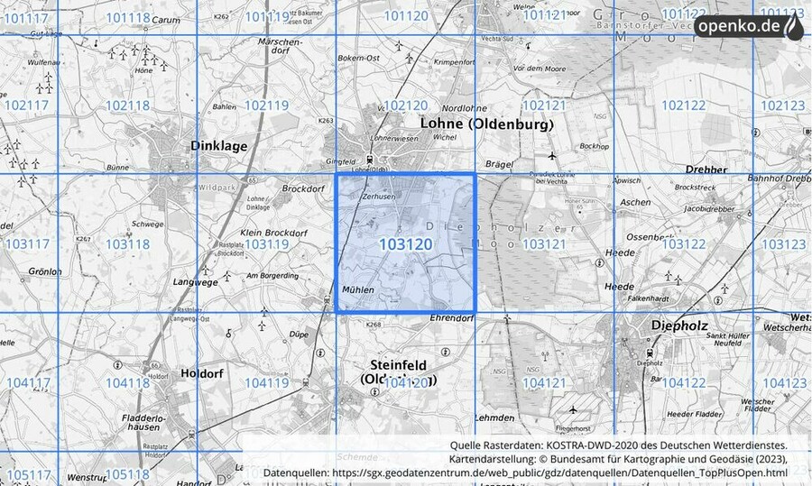 Übersichtskarte des KOSTRA-DWD-2020-Rasterfeldes Nr. 103120