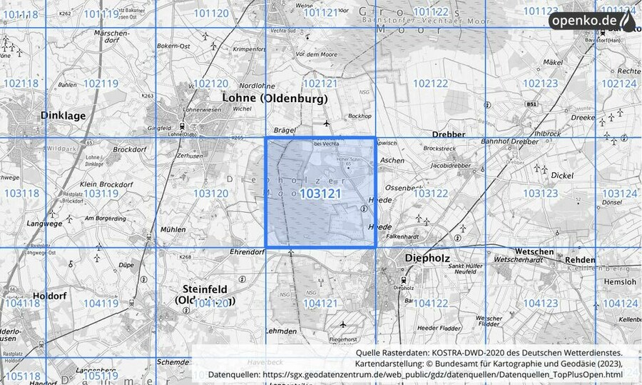 Übersichtskarte des KOSTRA-DWD-2020-Rasterfeldes Nr. 103121