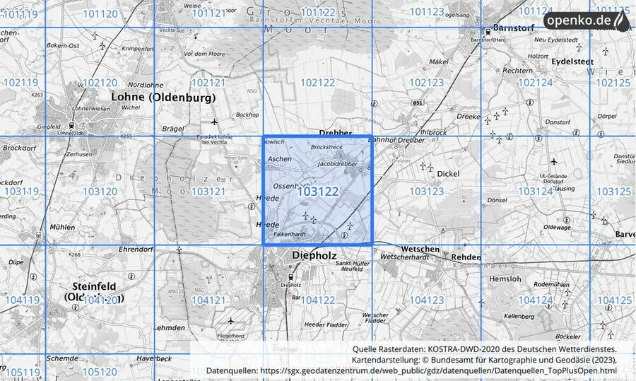 Übersichtskarte des KOSTRA-DWD-2020-Rasterfeldes Nr. 103122