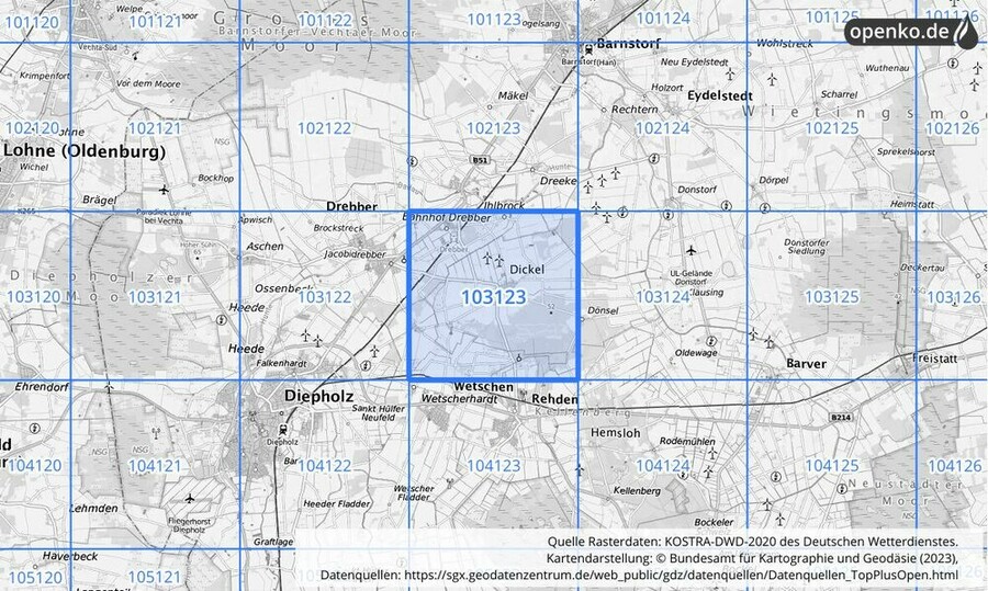 Übersichtskarte des KOSTRA-DWD-2020-Rasterfeldes Nr. 103123