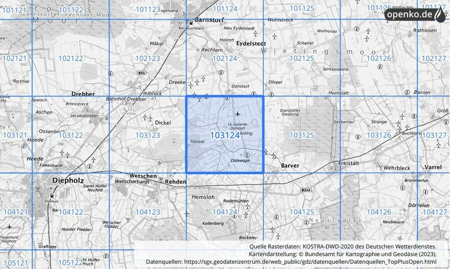 Übersichtskarte des KOSTRA-DWD-2020-Rasterfeldes Nr. 103124