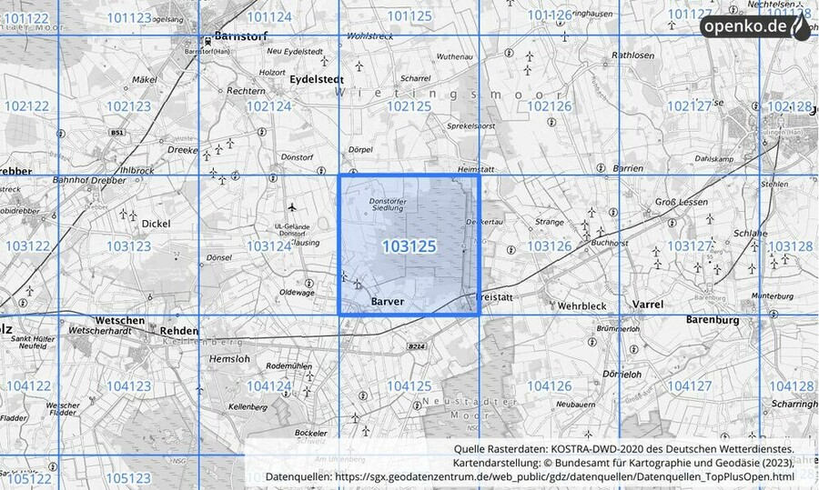 Übersichtskarte des KOSTRA-DWD-2020-Rasterfeldes Nr. 103125