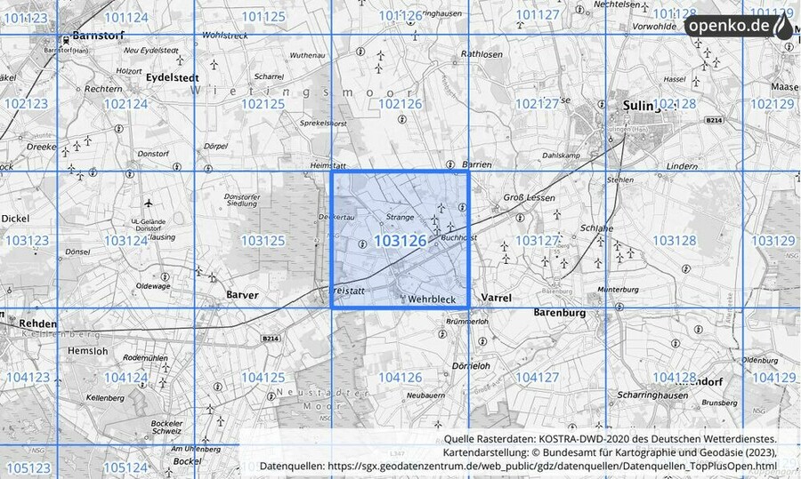 Übersichtskarte des KOSTRA-DWD-2020-Rasterfeldes Nr. 103126