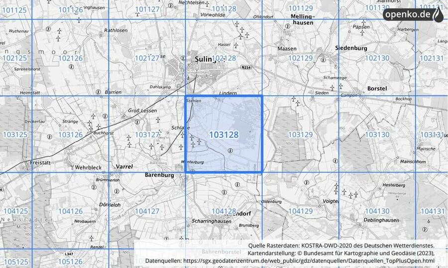 Übersichtskarte des KOSTRA-DWD-2020-Rasterfeldes Nr. 103128