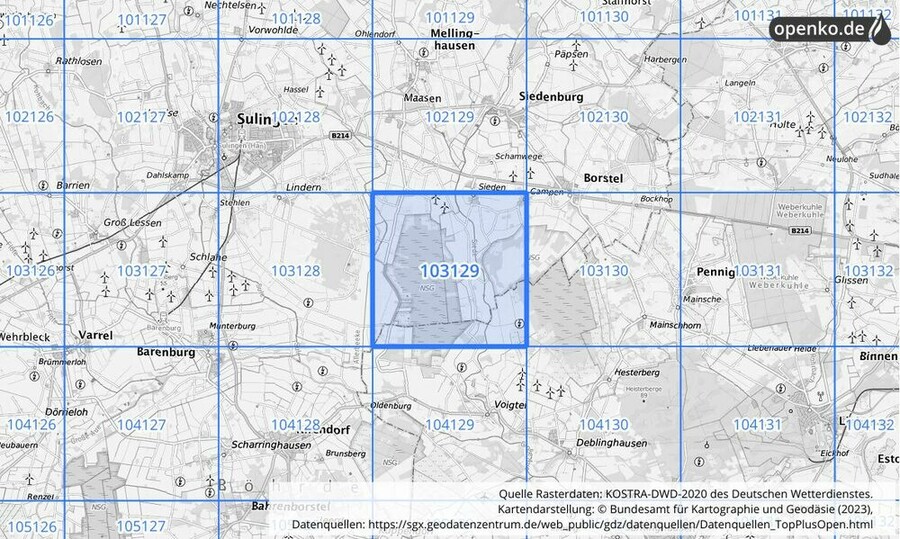 Übersichtskarte des KOSTRA-DWD-2020-Rasterfeldes Nr. 103129