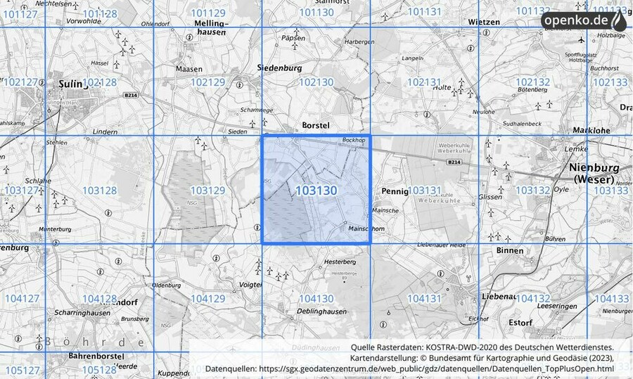 Übersichtskarte des KOSTRA-DWD-2020-Rasterfeldes Nr. 103130