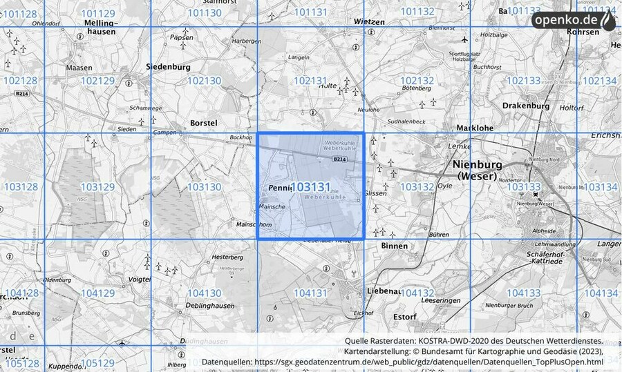 Übersichtskarte des KOSTRA-DWD-2020-Rasterfeldes Nr. 103131