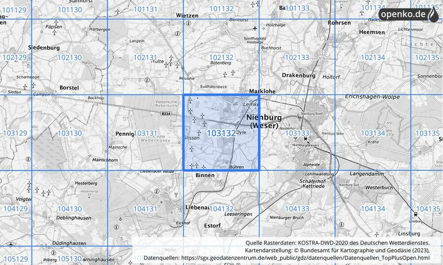 Übersichtskarte des KOSTRA-DWD-2020-Rasterfeldes Nr. 103132