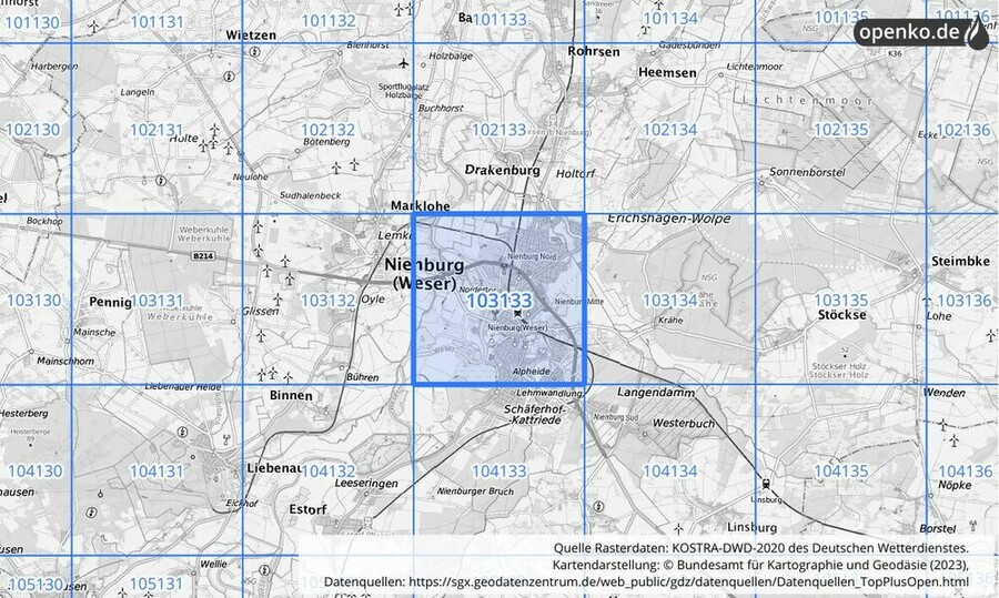 Übersichtskarte des KOSTRA-DWD-2020-Rasterfeldes Nr. 103133