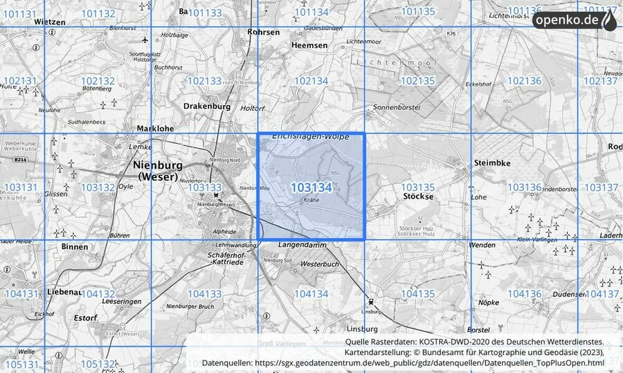 Übersichtskarte des KOSTRA-DWD-2020-Rasterfeldes Nr. 103134